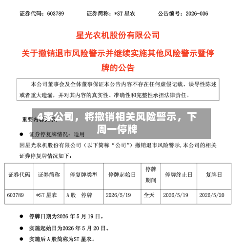 4家公司,将撤销相关风险警示,下周一停牌